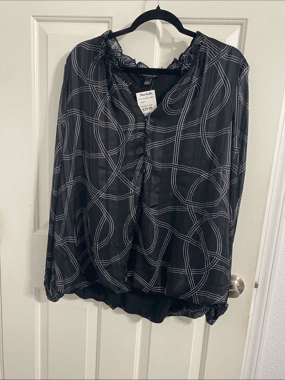 Black Patterned Long-Sleeve Blouse with Loop Print